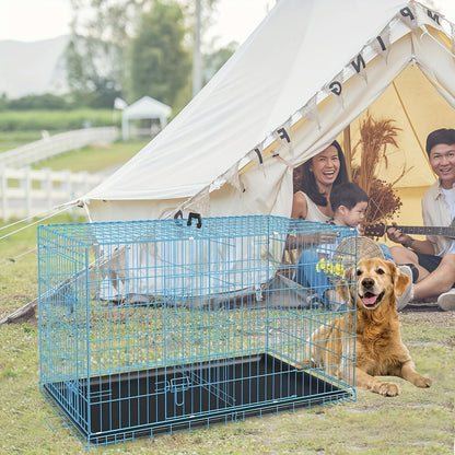 Double Door Folding Metal Dog Crate 42 48 Inch with Divider Leak-Proof Tray High-Temp Paint Finish Wire Kennel Puppy Medium Large Dogs Indoor Outdoor Black Blue Pink