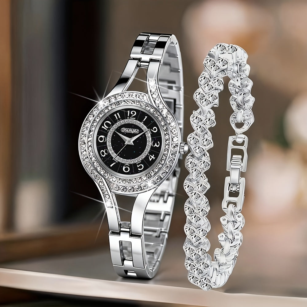 Women's Retro Quartz Watch Set 2pcs – Elegant Heart Chain Stainless Steel Rectangular Dial Analog Wristwatch, Court Style Luxury Timepiece Gift for Wedding, Easter, Birthday & Casual Wear