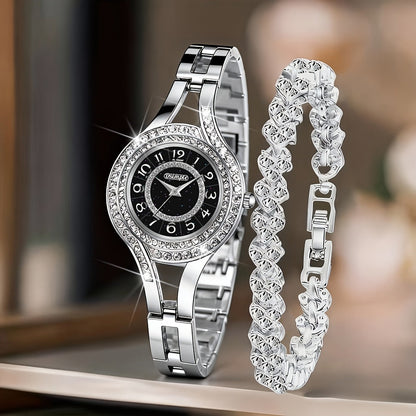Women's Retro Quartz Watch Set 2pcs – Elegant Heart Chain Stainless Steel Rectangular Dial Analog Wristwatch, Court Style Luxury Timepiece Gift for Wedding, Easter, Birthday & Casual Wear