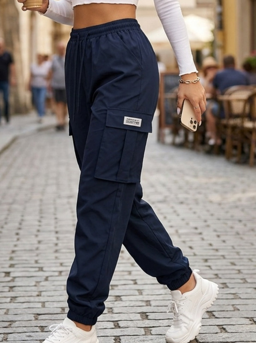 Women's Cargo Pants with Zippered Pockets – Elastic Drawstring Waist Large Pocket Casual Outdoor Trousers Black Grey Green Blue XS-XXL