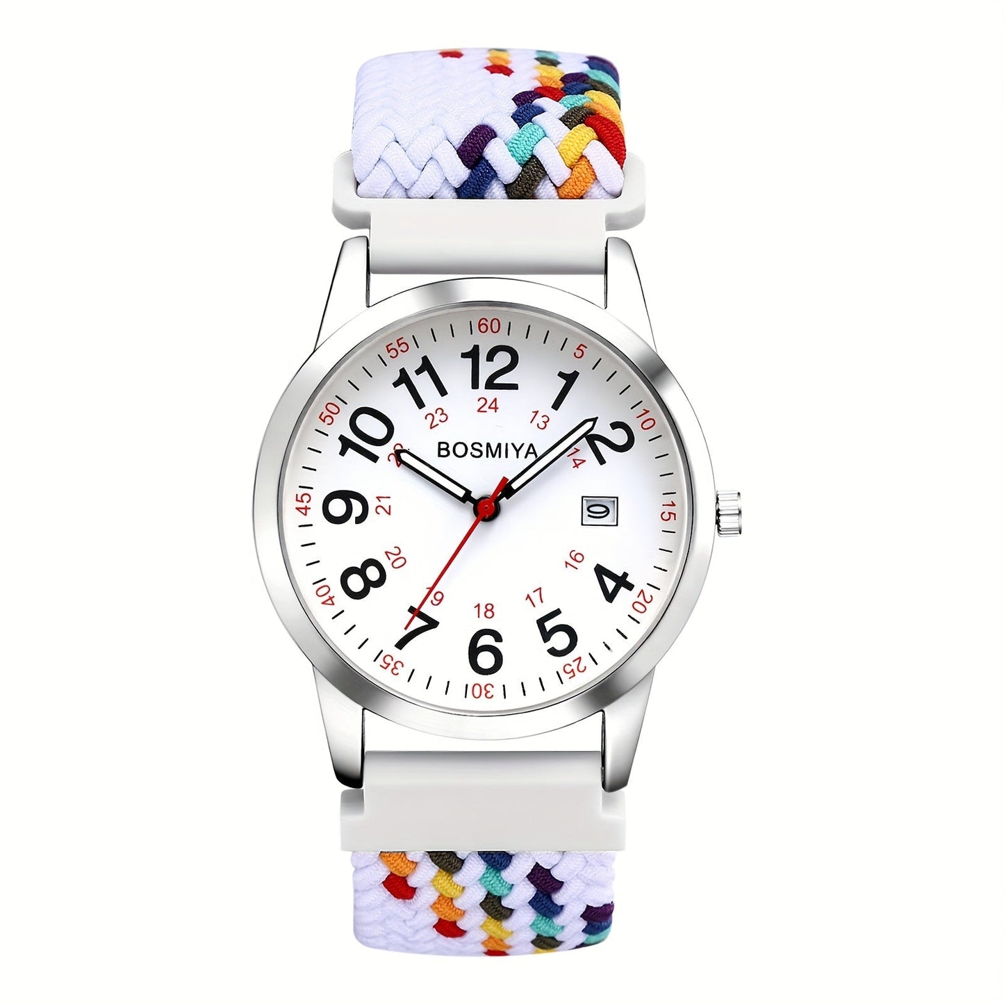 Analog Quartz Sports Watch with Large Calendar Dial & Braided Nylon Strap – Easy-Read 24-Hour Round Case Wristwatch for Men & Women, Flexible Adjustable Elastic Band, 4 Styles