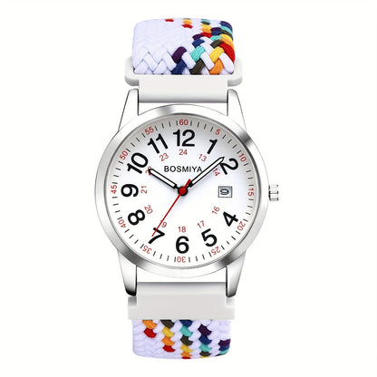 Analog Quartz Sports Watch with Large Calendar Dial & Braided Nylon Strap – Easy-Read 24-Hour Round Case Wristwatch for Men & Women, Flexible Adjustable Elastic Band, 4 Styles