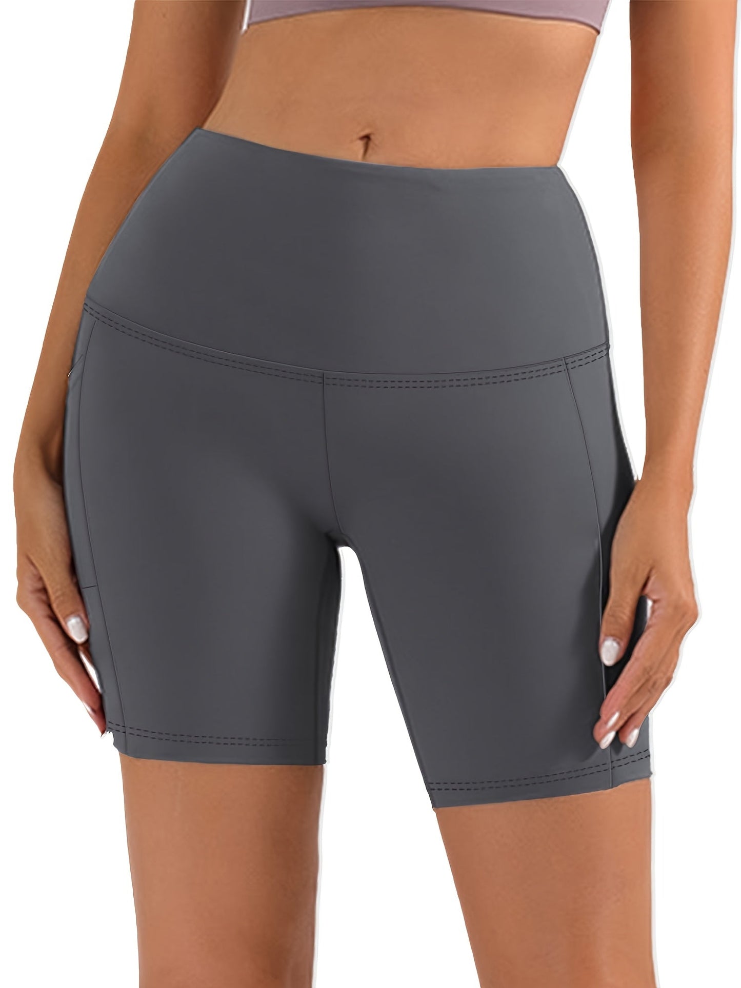 Women's High Waist Yoga Shorts – 4-Way Stretch Sweat-Wicking Athletic Shorts with Elastic Waistband & Side Pockets for Running, Cycling & Training – Black, Dark Gray & Navy, Sizes S-XXL