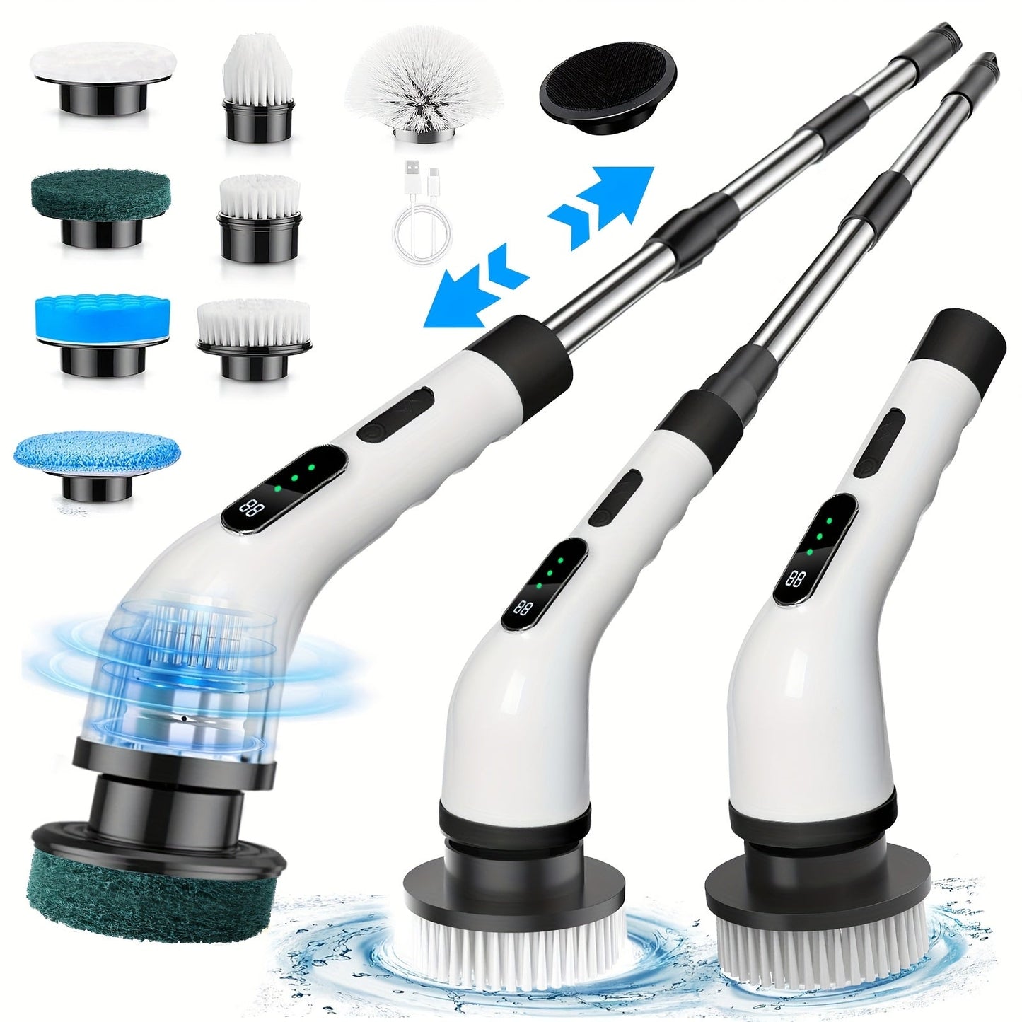 Electric Spin Scrubber with 7 Replaceable Brush Heads – Cordless, Dual Adjustable Speeds, Adjustable Detachable Handle, for Bathroom, Tub, Tile & Floor Cleaning