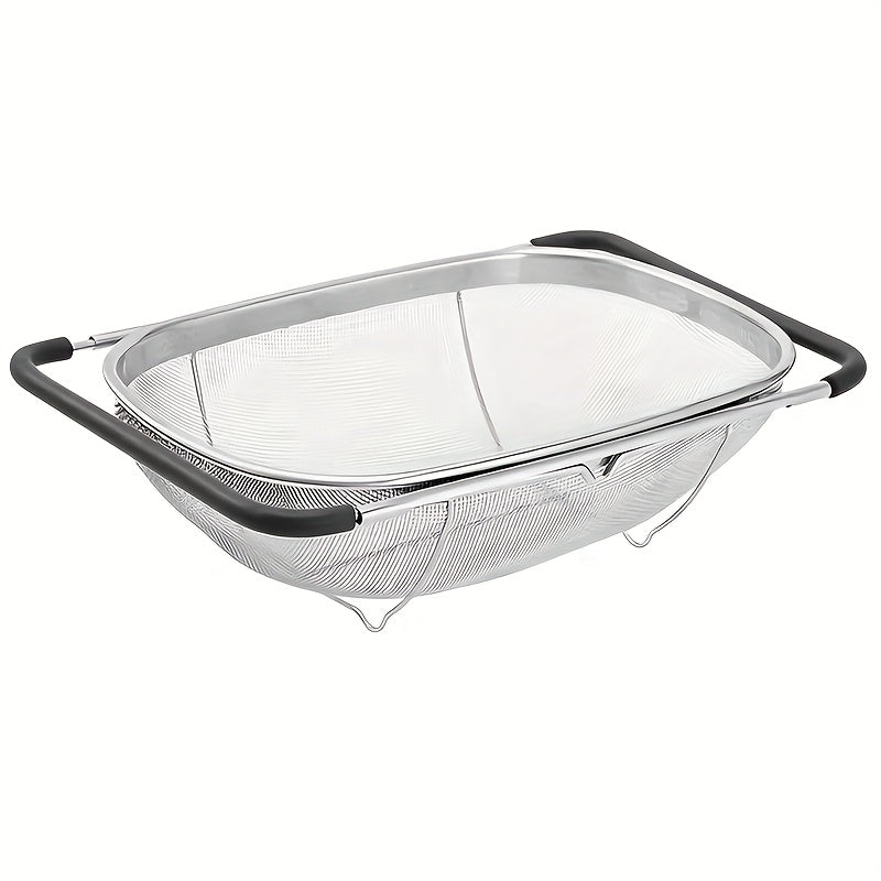 Expandable Stainless Steel Colander Strainer – Fine Mesh Drain Basket for Vegetables Fruits Pasta, Food-Safe Kitchen Essentials, Adjustable Size, Easy Storage