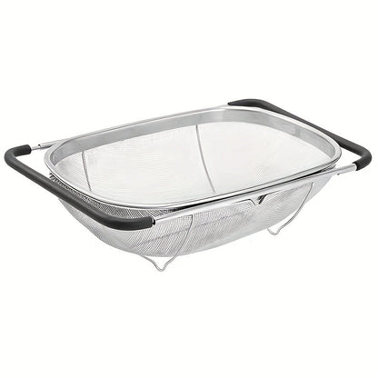 Expandable Stainless Steel Colander Strainer – Fine Mesh Drain Basket for Vegetables Fruits Pasta, Food-Safe Kitchen Essentials, Adjustable Size, Easy Storage