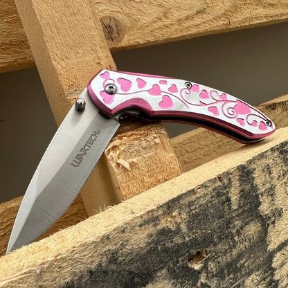 Folding Pocket Knife 7 Inch Hearts Engraved – 3Cr13 Steel Blade EDC Knife Aluminum Heart Handle Belt Clip Donut Accent, Stylish Everyday Carry for Camping Hiking Collecting Gift, Rosy Pink Red Lavender Blue Rose