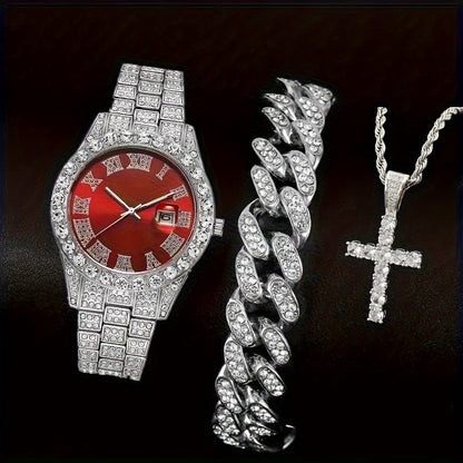 Men's Rhinestone Quartz Watch Necklace Bracelet Gift Set 3 or 4 Piece – Cross Necklace Jewelry Set for Men Football Fan Gear Birthday Holiday Gift Silver Gold