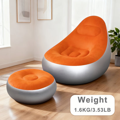 Inflatable Sofa Set 2 Piece Adult Recliner Lounge Chair with Footstool Plush Fabric Heavy Duty Portable Folding Air Couch with Pump Indoor Outdoor Camping Beach Living Room Patio