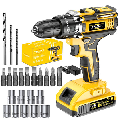 21V Cordless Impact Drill Set 2.0Ah Battery & Fast Charger with Work Light Speed & Torque Adjustment Electric Screwdriver Combo – Optional Storage Box for Car & Home Repair DIY Men's Gift
