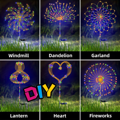 Solar Firework Lights Outdoor 2 Pack – 120 to 840 LED Waterproof Starburst Ground Stake Lights for Garden, Pathway, Lawn, Patio, Christmas, Halloween & Wedding Decoration, Warm White & Colorful