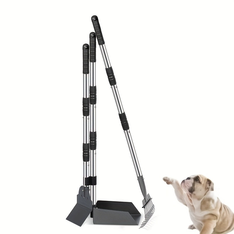 Stainless Steel Dog Pooper Scooper Set with Adjustable Long Handle – Rust-Proof Tray & Rake Pet Waste Removal Tool, No Bending, Easy to Clean, Ideal for All Dog Breeds, Outdoor Yard & Grass Use