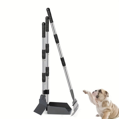 Stainless Steel Dog Pooper Scooper Set with Adjustable Long Handle – Rust-Proof Tray & Rake Pet Waste Removal Tool, No Bending, Easy to Clean, Ideal for All Dog Breeds, Outdoor Yard & Grass Use