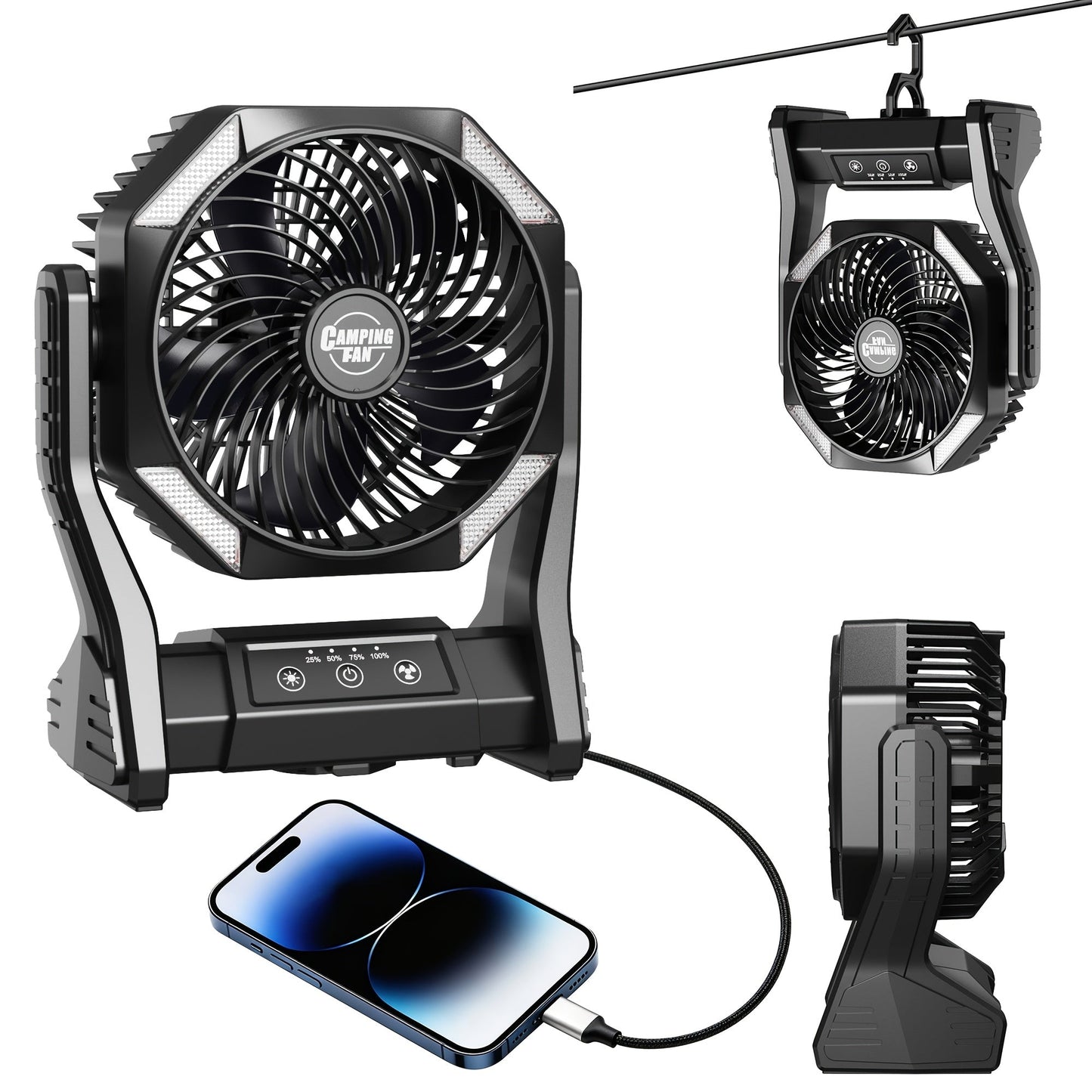 20000mAh Camping Fan with LED Light – 4 Wind Speeds, Brushless Motor, 180° Oscillation, 22-26H Battery Life, 3-in-1 Portable Outdoor Desk Fan for Camping, Hiking, Picnic & Emergency Use – 6 Colors