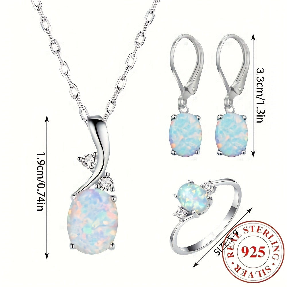 925 Sterling Silver Water Drop Opal Jewelry Set for Women – 4 Piece Necklace Earrings and Ring Set, Elegant Opal Pendant Fashion Jewelry Gift for Party Daily Wear Birthday Anniversary