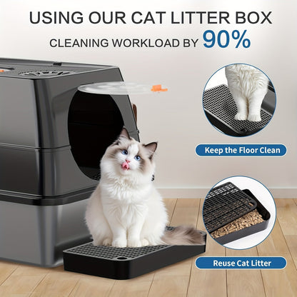 XL Stainless Steel Enclosed Cat Litter Box with Flip Top Lid & High Sidewalls – 3-in-1 Anti-Scatter Metal Litter Pan for Large Cats & Multi-Cat Households