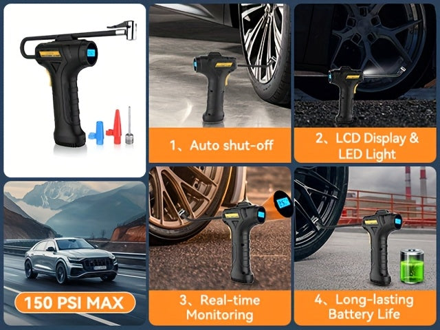 Portable Tire Inflator Air Compressor – 150 PSI Cordless Handheld Air Pump with Auto-Shutoff, Digital Pressure Gauge & LED Light for Cars, Motorcycles, Bikes & Balls, Rechargeable
