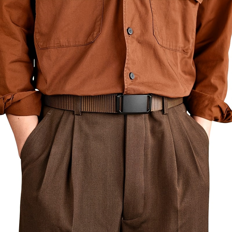 4pcs Nylon Belt Set with Automatic Buckle – Adjustable Unisex Casual Dress Belts for Jeans Work Pants Skirts Men Women Multicolor Combo Pack Black Blue Brown Gray Khaki Green