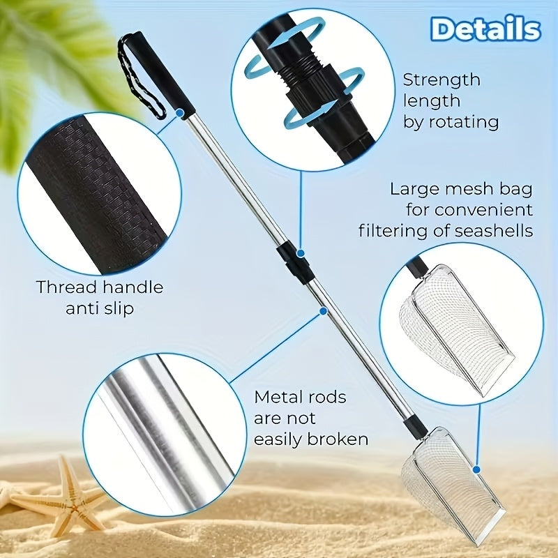 Stainless Steel Retractable Beach Sifter Scoop with Telescoping Handle – No-Bend Shell Collecting, Treasure Hunting & Beach Combing Tool | Also Works as Cat Litter Scoop (1 or 2 Pack)