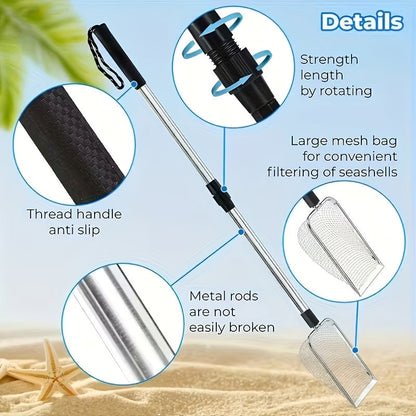 Stainless Steel Retractable Beach Sifter Scoop with Telescoping Handle – No-Bend Shell Collecting, Treasure Hunting & Beach Combing Tool | Also Works as Cat Litter Scoop (1 or 2 Pack)