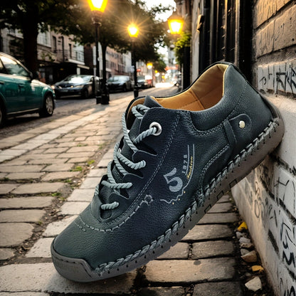 Men's Handmade Stitching Casual Sneakers – Flat Sole Lightweight Outdoor Walking Shoes in Black, Khaki, Blue, Military Green & Yellowish-Brown, Sizes US 7.5–12.5