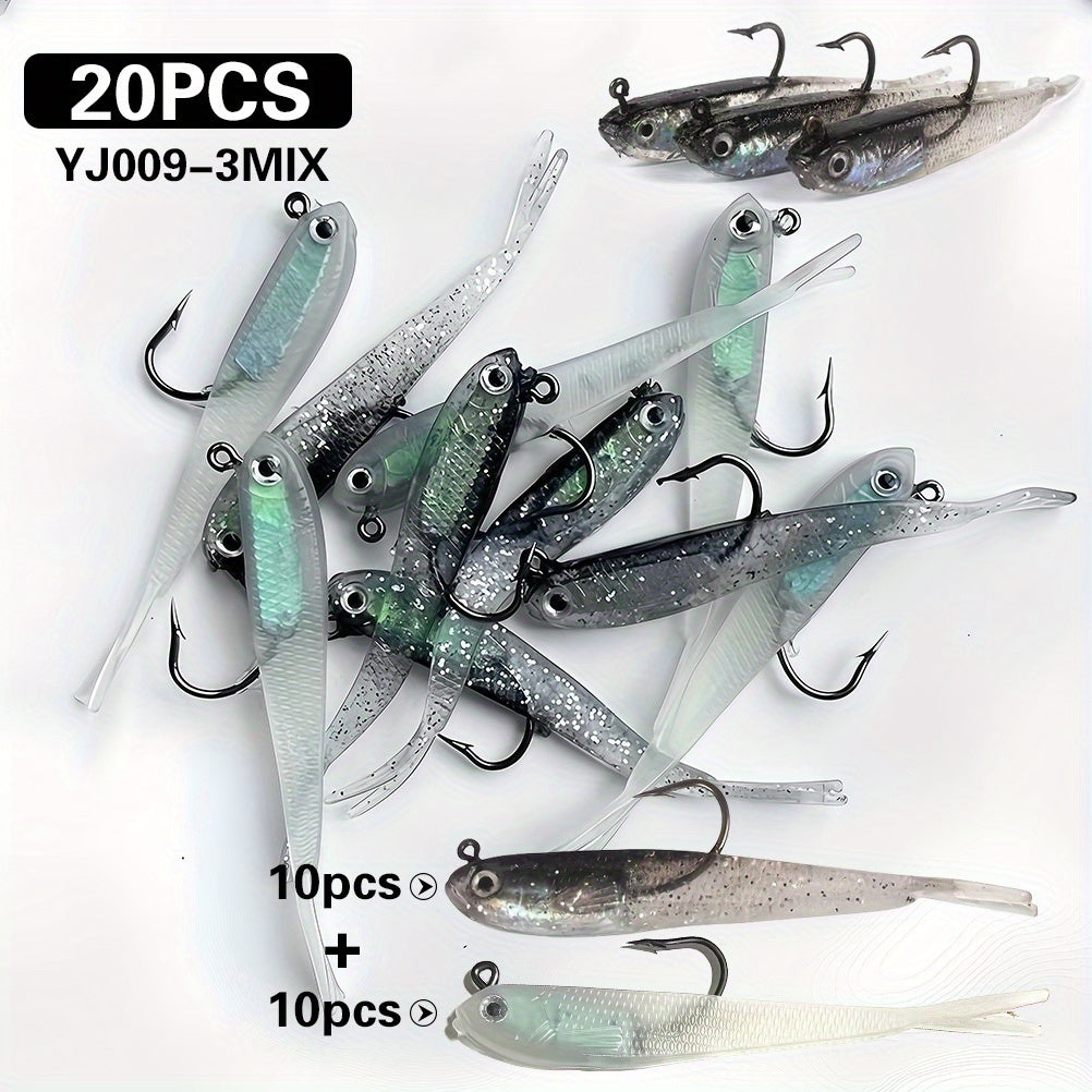 20pcs Bionic Soft Fishing Lures with Hook – Realistic Gray Fish Bait for Bass Sea Bass Black Fish, Lead Weighted Freshwater Saltwater Fishing Lure Set