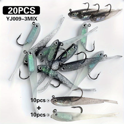 20pcs Bionic Soft Fishing Lures with Hook – Realistic Gray Fish Bait for Bass Sea Bass Black Fish, Lead Weighted Freshwater Saltwater Fishing Lure Set