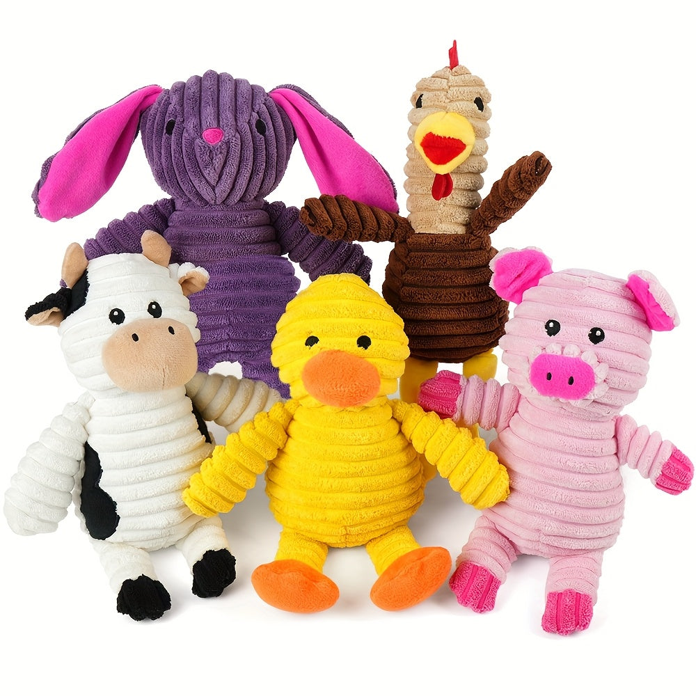 Plush Dog Squeaky Toys 5-Pack Bundle – Washable Stuffed Animal Chew Toys for Small Medium Large Dogs, Embroidered Safety Eyes, Animal Designs (Pig, Frog, Elephant, Chicken, Fox)