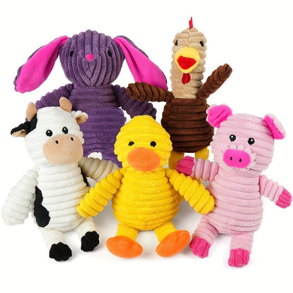 Plush Dog Squeaky Toys 5-Pack Bundle – Washable Stuffed Animal Chew Toys for Small Medium Large Dogs, Embroidered Safety Eyes, Animal Designs (Pig, Frog, Elephant, Chicken, Fox)