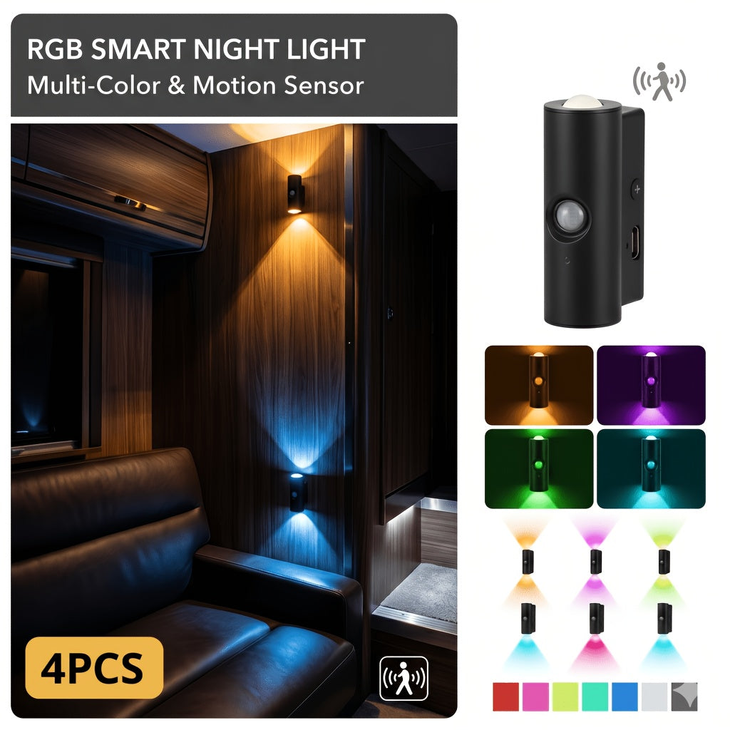 Motion Sensor Wall Lights 4-Pack – Rechargeable Wireless Magnetic LED Night Light, Dual Head, RGB 3 Colors, for Bedroom, Stairs, Cabinet, Closet & RV Interior | Velora