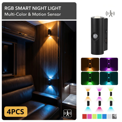 Motion Sensor Wall Lights 4-Pack – Rechargeable Wireless Magnetic LED Night Light, Dual Head, RGB 3 Colors, for Bedroom, Stairs, Cabinet, Closet & RV Interior | Velora