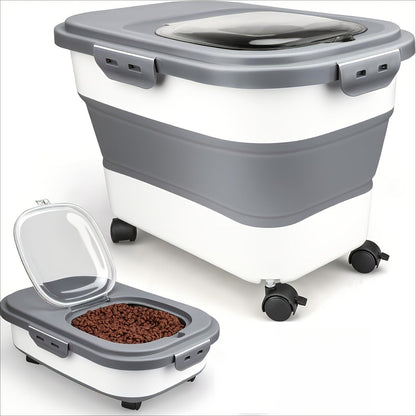 Foldable Pet Food Storage Container with Airtight Lid & Wheels – Large Capacity Moisture-Proof Dog Cat Food Bin 5–30 LBS, Collapsible Storage for Pet Food, Grains & Flour, Gray Green Pink