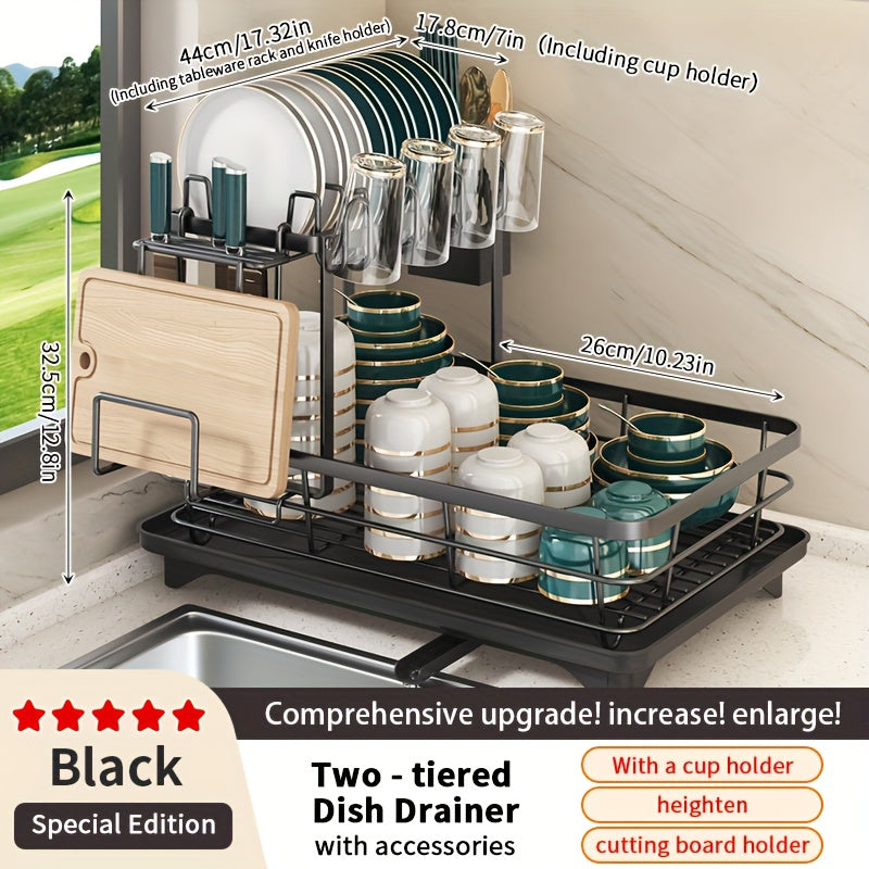 2-Tier Metal Dish Drying Rack with Cutlery Holder, Cup Holder & Rust-Proof Drip Tray – Space-Saving Countertop Dish Drainer for Kitchen Organization, Durable Steel Dish Rack for All Countertop Types