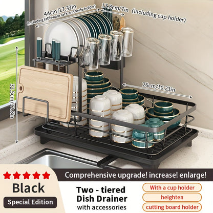 2-Tier Metal Dish Drying Rack with Cutlery Holder, Cup Holder & Rust-Proof Drip Tray – Space-Saving Countertop Dish Drainer for Kitchen Organization, Durable Steel Dish Rack for All Countertop Types