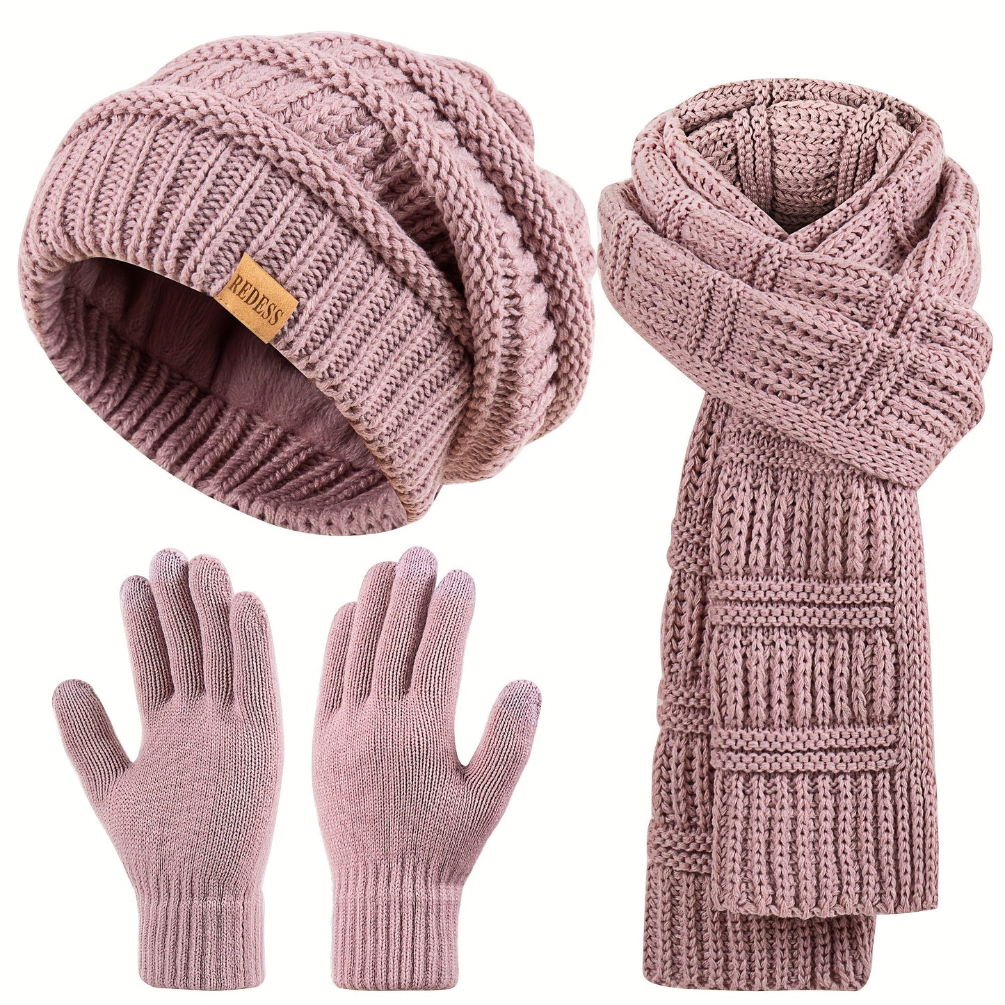 Women's 3-in-1 Winter Set Hat Long Scarf Touchscreen Gloves Soft Warm Cold Weather Accessories 4 Colors Gift for Her
