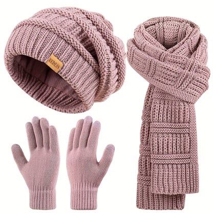 Women's 3-in-1 Winter Set Hat Long Scarf Touchscreen Gloves Soft Warm Cold Weather Accessories 4 Colors Gift for Her