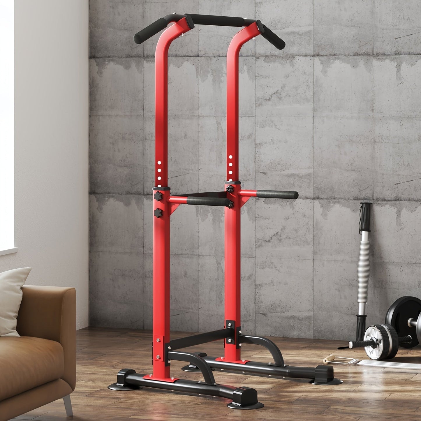 Adjustable Power Tower Dip Station Pull Up Bar for Home Gym 10 Height Levels 65-82.7 Inch 330LBS Capacity 6 Exercise Positions Full Body Strength Training Black Red Yellow Blue Pink Orange