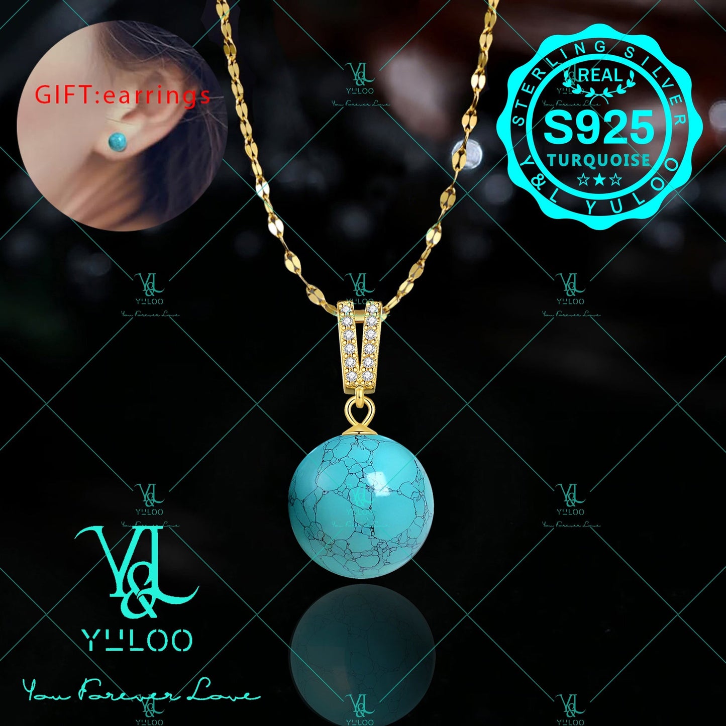 S925 Sterling Silver Natural Genuine Turquoise Pendant Necklace 18+2 Inch – Elegant Boho Gemstone Jewelry for Women with Bonus Earrings, Available in Silver & Gold, Perfect Gift for Her