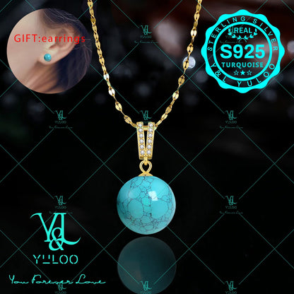 S925 Sterling Silver Natural Genuine Turquoise Pendant Necklace 18+2 Inch – Elegant Boho Gemstone Jewelry for Women with Bonus Earrings, Available in Silver & Gold, Perfect Gift for Her