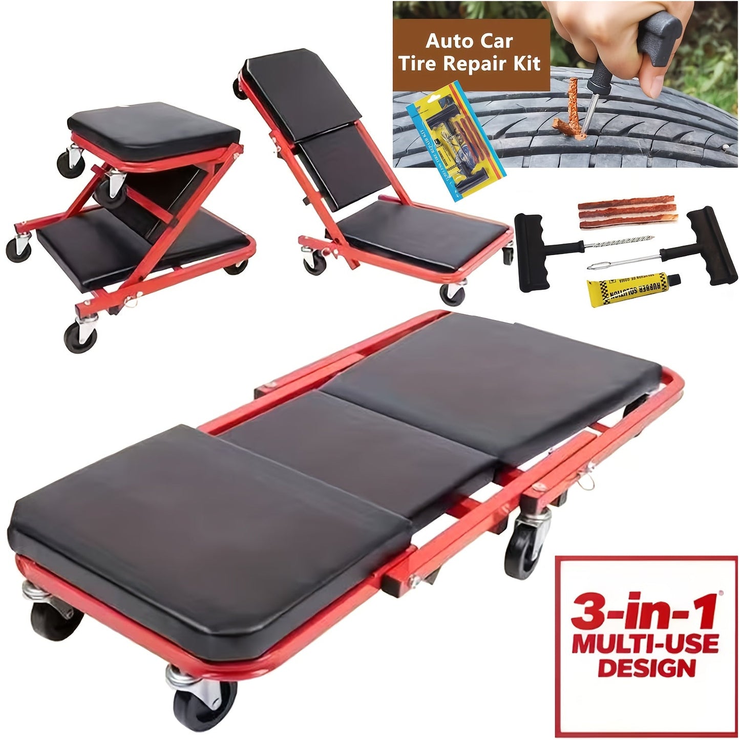 36 Inch Folding Mechanic Creeper Z-Crawl Board with 6 Swivel Wheels – Adjustable Load Board Car Crawl Seat with Tool Kit, Deck Repair & Tire Repair Accessories, DIY Auto Mechanic Gift for Men, Husbands & Car Enthusiasts