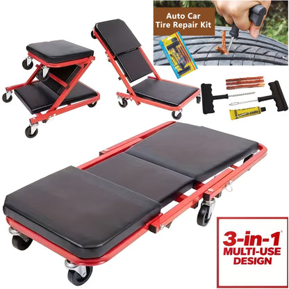 36 Inch Folding Mechanic Creeper Z-Crawl Board with 6 Swivel Wheels – Adjustable Load Board Car Crawl Seat with Tool Kit, Deck Repair & Tire Repair Accessories, DIY Auto Mechanic Gift for Men, Husbands & Car Enthusiasts