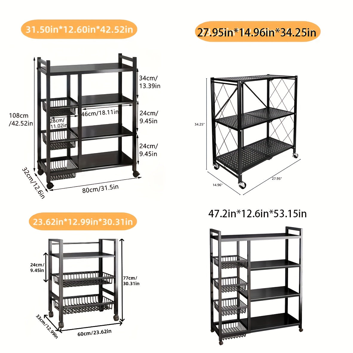 4-Tier Rolling Storage Rack with Wire Baskets & Wheels – Adjustable Metal Shelf for Kitchen Pantry Garage Bathroom Closet, Movable Standing Organizer, Housewarming Gift