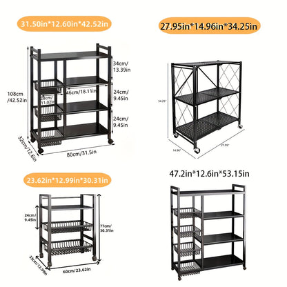 4-Tier Rolling Storage Rack with Wire Baskets & Wheels – Adjustable Metal Shelf for Kitchen Pantry Garage Bathroom Closet, Movable Standing Organizer, Housewarming Gift
