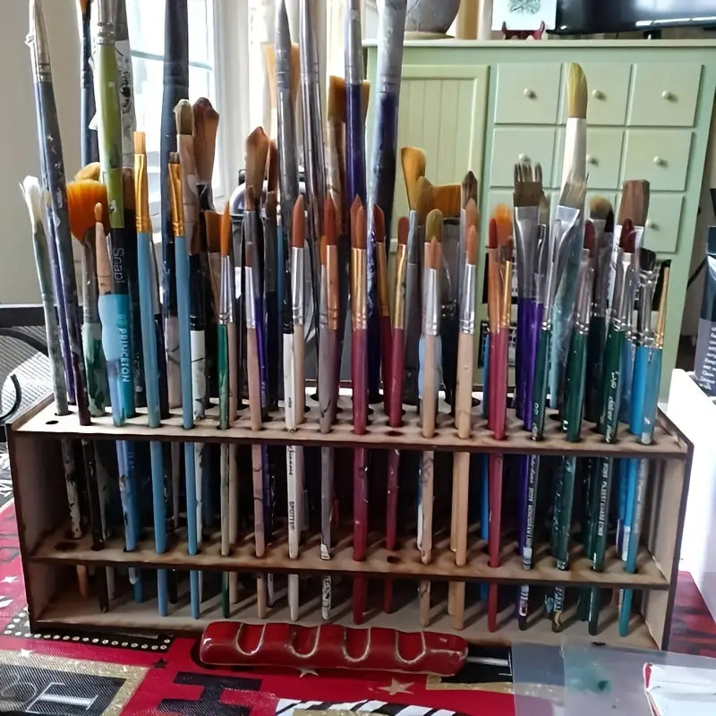 Wooden Paint Brush Holder 67 Holes - Desktop Pen Organizer for Artists, Art Supply Storage Box, Lightweight & Durable Brush Stand for Painting, Drawing & Crafts