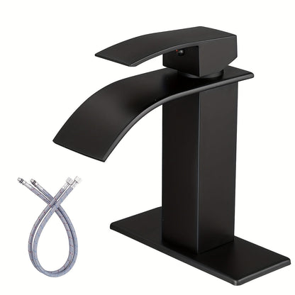 Waterfall Bathroom Sink Faucet Single Handle Hot & Cold - Universal 1 or 3 Hole Countertop Mount, RV Vanity Faucet with Water Supply Hose, Modern Design in Black, Black Gold & Silver