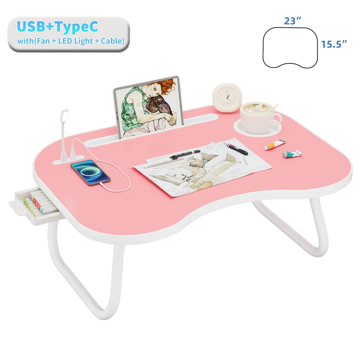 Lap Desk for Laptop with USB Port Storage Drawer & Cup Holder – Walnut Wood Bed Tray Table for Eating Writing Sofa Couch Adults Students