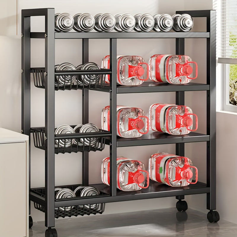 4-Tier Rolling Storage Rack with Wire Baskets & Wheels – Adjustable Metal Shelf for Kitchen Pantry Garage Bathroom Closet, Movable Standing Organizer, Housewarming Gift