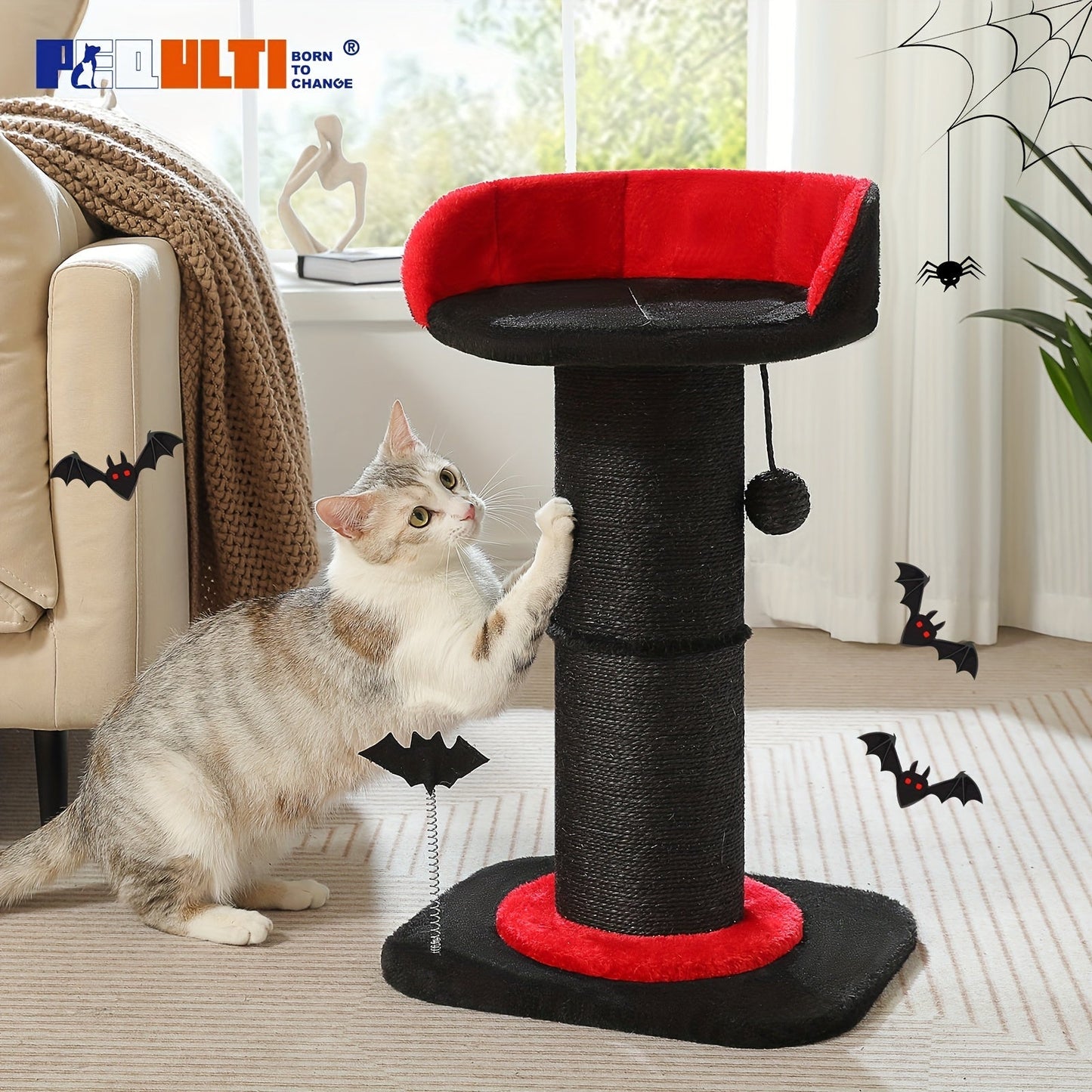 Cat Tree Tower Multi-Tier Sisal Scratching Post with Hanging Toys for Indoor Cats, Sturdy Cat Climbing Tower Activity Center for Energetic Cats, Available in Grey and Black