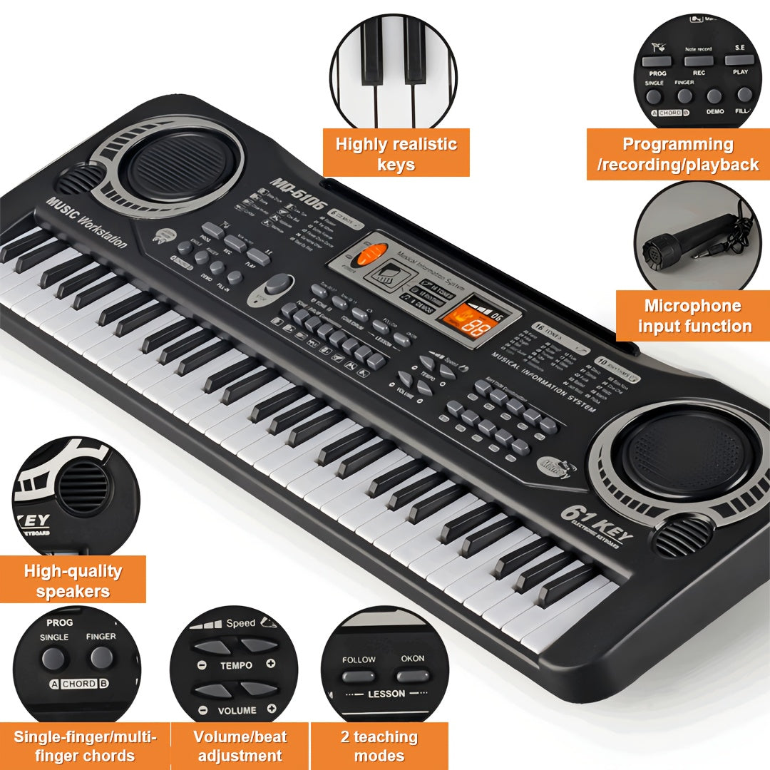 61-Key Electronic Piano Keyboard for Beginners - Built-In Microphone, Printed Music Sheets & USB Power, Complete Starter Kit for Kids & Adults, Perfect Birthday Gift for Music Lovers