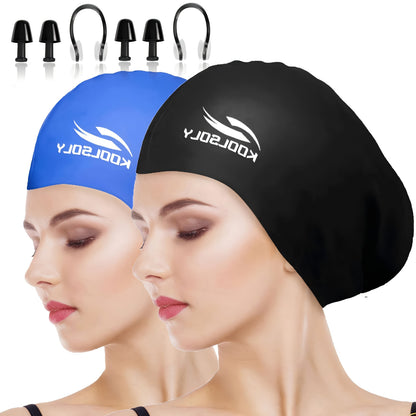Silicone Swimming Cap 2 Pack with Ear Protection for Long Hair – Includes Earplugs & Nose Clip, Waterproof Swim Cap Set, 11 Color Options for Women Men Adults